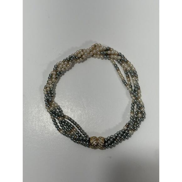 White & Silver-Blue Faux Pearl Six Strand Necklace Chocker Vintage Etch 2 Prym - Picture 2 of 11